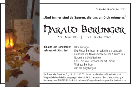 Traueranzeige von Harald Berlinger von Schwäbische Post
