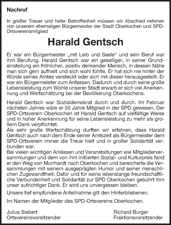 Traueranzeige von Harald Gentsch von Amtsblatt_Oko
