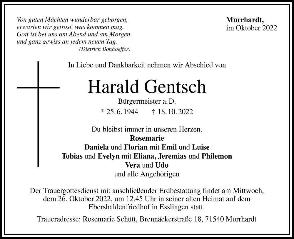  Traueranzeige für Harald Gentsch vom 22.10.2022 aus Schwäbische Post