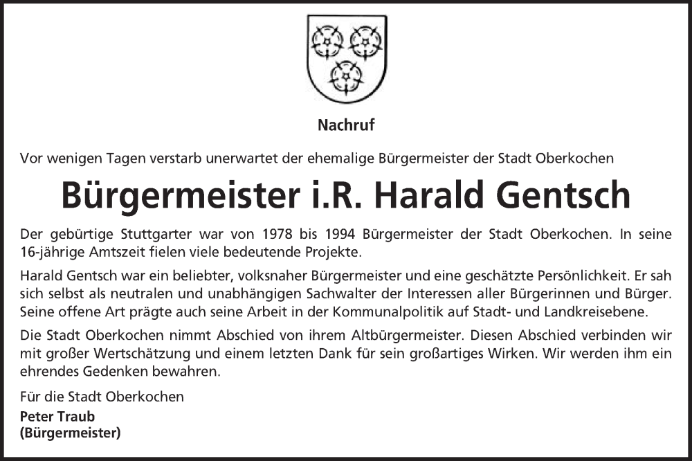  Traueranzeige für Harald Gentsch vom 22.10.2022 aus Schwäbische Post