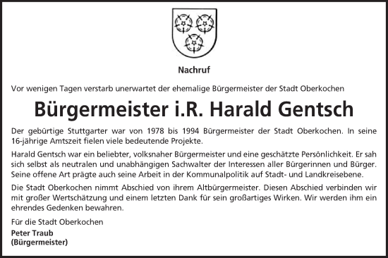 Traueranzeige von Harald Gentsch von Schwäbische Post