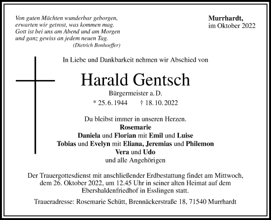 Traueranzeige von Harald Gentsch von Schwäbische Post