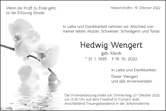Traueranzeige von Hedwig Wengert von Gmünder Tagespost