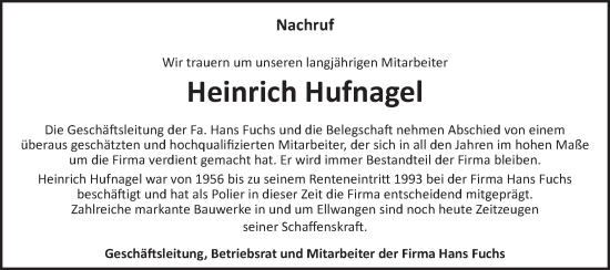 Traueranzeige von Heinrich Hufnagel von Schwäbische Post