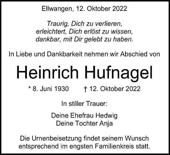 Traueranzeige von Heinrich Hufnagel von Schwäbische Post