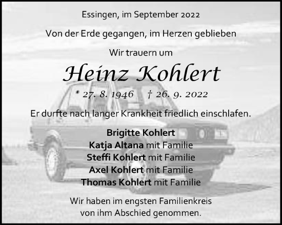 Traueranzeige von Heinz Kohlert von Schwäbische Post