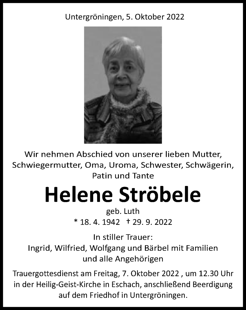  Traueranzeige für Helene Ströbele vom 05.10.2022 aus Gmünder Tagespost