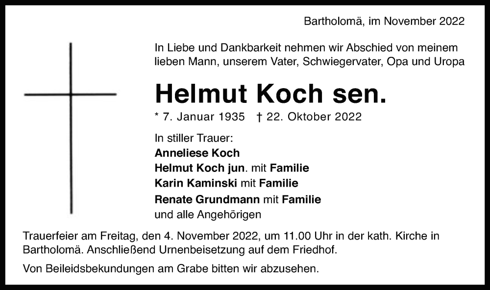  Traueranzeige für Helmut Koch vom 31.10.2022 aus Gmünder Tagespost