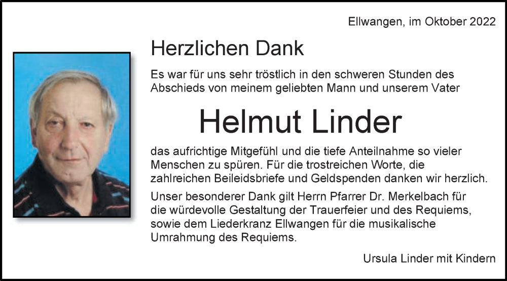  Traueranzeige für Helmut Linder vom 08.10.2022 aus Schwäbische Post