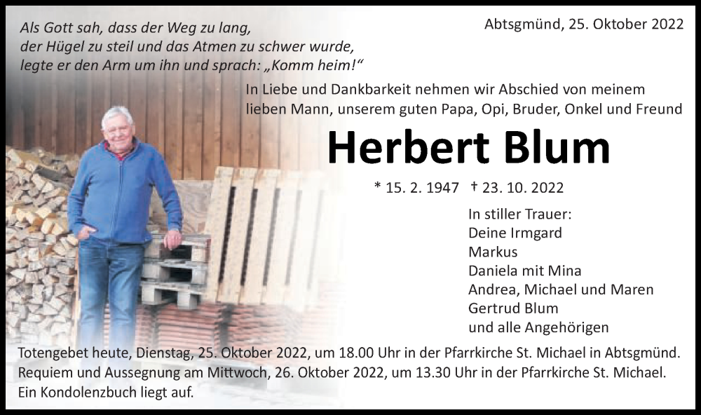  Traueranzeige für Herbert Blum vom 25.10.2022 aus Schwäbische Post