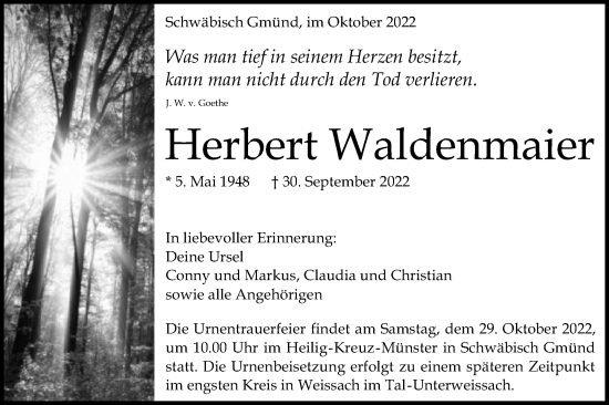 Traueranzeige von Herbert Waldenmaier von Gmünder Tagespost
