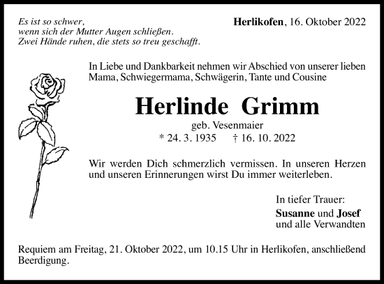 Traueranzeige von Herlinde Grimm von Gmünder Tagespost