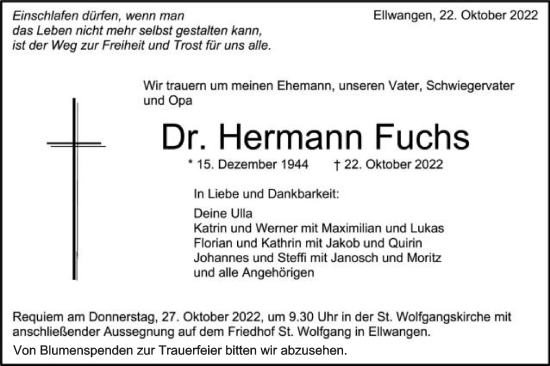 Traueranzeige von Hermann Fuchs von Schwäbische Post