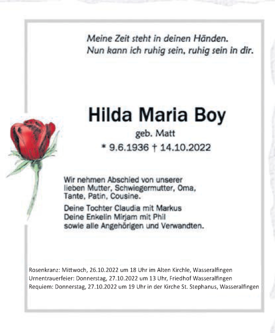 Traueranzeige von Hilda Maria Boy von Schwäbische Post