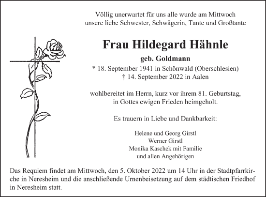 Traueranzeige von Hildegard Hähnle von Schwäbische Post
