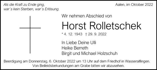 Traueranzeige von Horst Rolletschek von Schwäbische Post