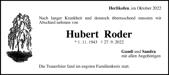 Traueranzeige von Hubert Roder von Gmünder Tagespost