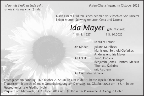 Traueranzeige von Ida Mayer von Schwäbische Post