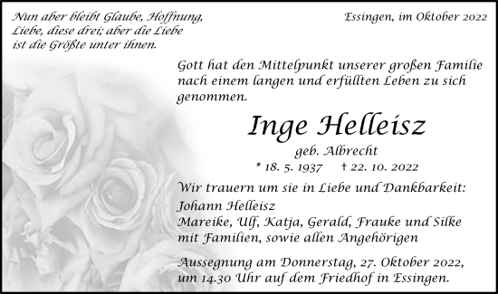 Traueranzeige von Inge Helleisz von Schwäbische Post