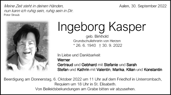 Traueranzeige von Ingeborg Kasper von Schwäbische Post