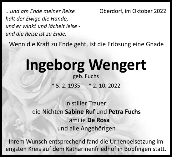 Traueranzeige von Ingeborg Wengert von Schwäbische Post