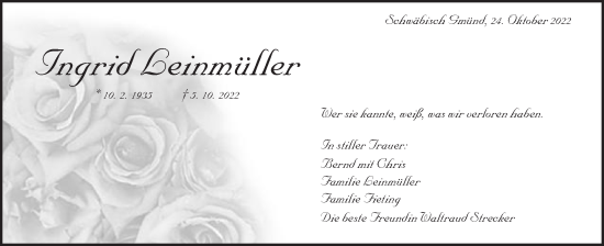 Traueranzeige von Ingrid Leinmüller von Gmünder Tagespost