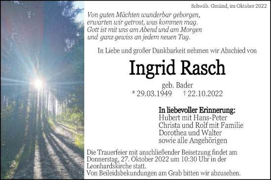 Traueranzeige von Ingrid Rasch von Gmünder Tagespost
