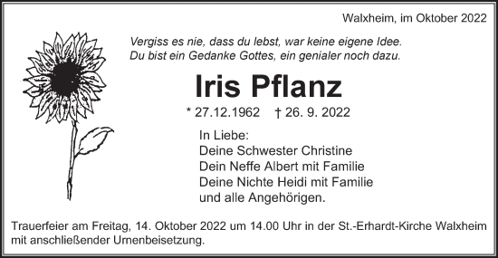 Traueranzeige von Iris Pflanz von Schwäbische Post