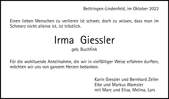 Traueranzeige von Irma Giessler von Gmünder Tagespost