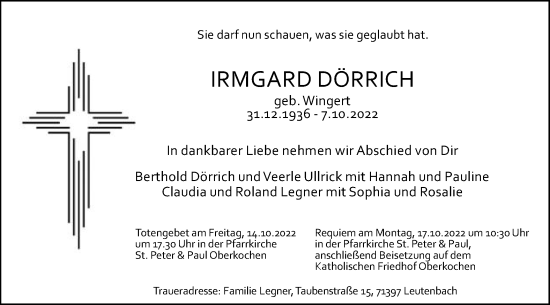 Traueranzeige von Irmgard Dörrich von Schwäbische Post