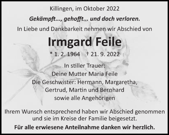 Traueranzeige von Irmgard Feile von Schwäbische Post