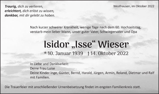 Traueranzeige von Isidor Wieser von Schwäbische Post