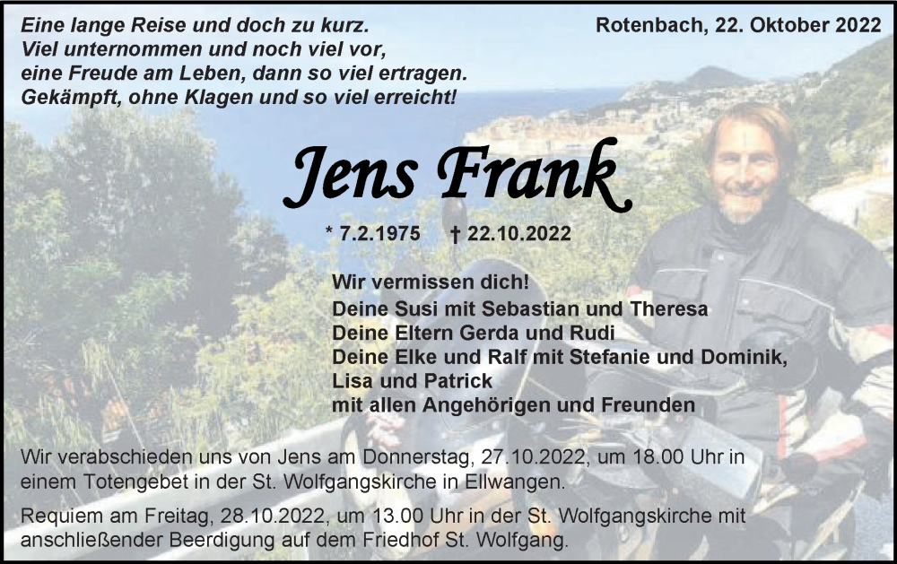  Traueranzeige für Jens Frank vom 26.10.2022 aus Schwäbische Post