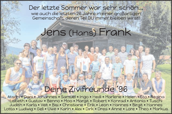 Traueranzeige von Jens Frank von Schwäbische Post