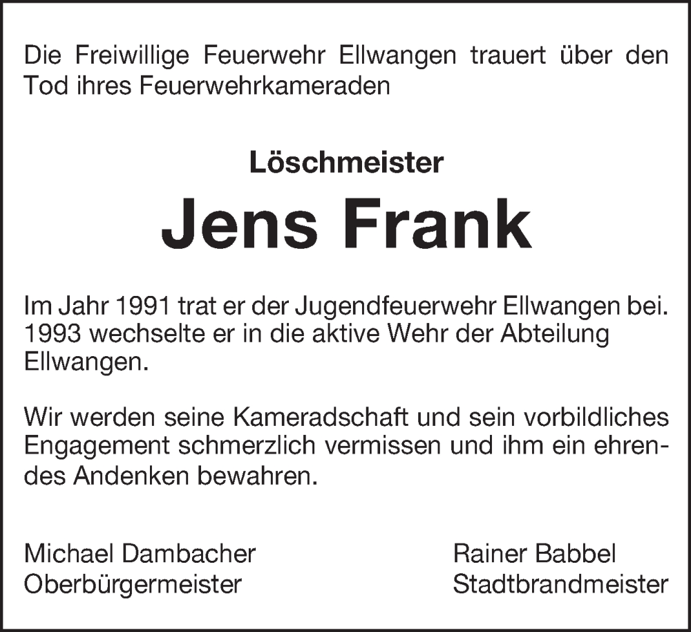  Traueranzeige für Jens Frank vom 28.10.2022 aus Schwäbische Post