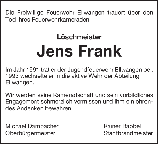 Traueranzeige von Jens Frank von Schwäbische Post