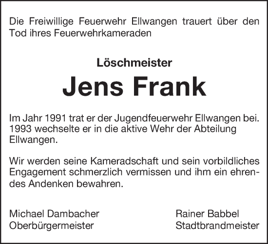 Traueranzeige von Jens Frank