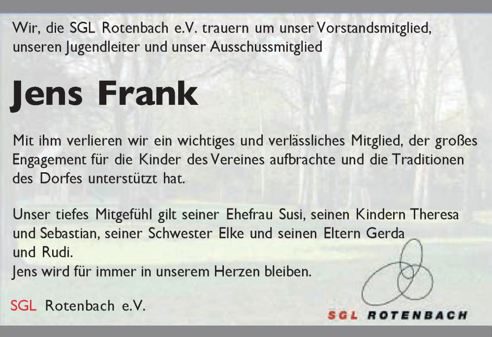  Traueranzeige für Jens Frank vom 27.10.2022 aus Schwäbische Post