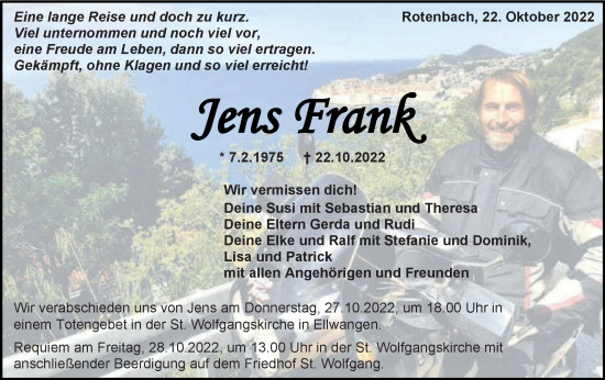 Traueranzeige von Jens Frank