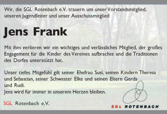Traueranzeige von Jens Frank von Schwäbische Post
