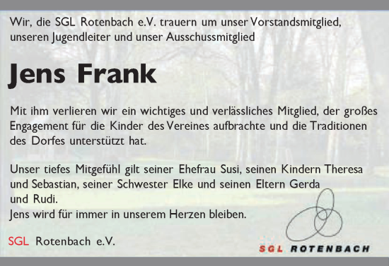 Traueranzeige von Jens Frank