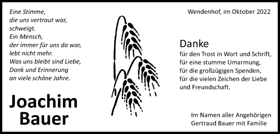Traueranzeige von Joachim Bauer von Schwäbische Post