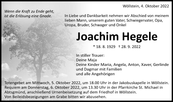 Traueranzeige von Joachim Hegele von Schwäbische Post