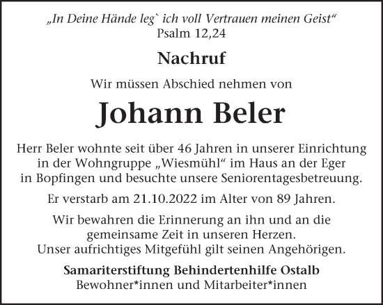 Traueranzeige von Johann Beler von Schwäbische Post