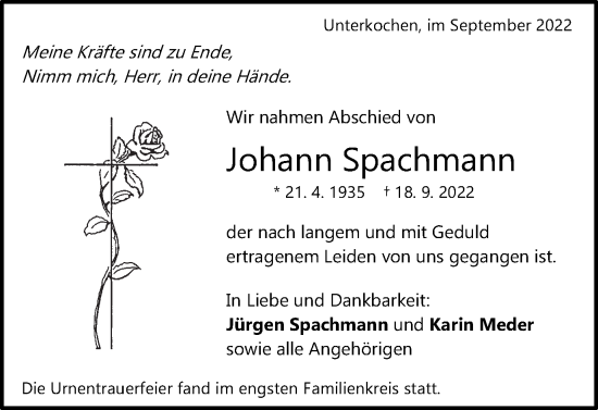 Traueranzeige von Johann Spachmann von Schwäbische Post