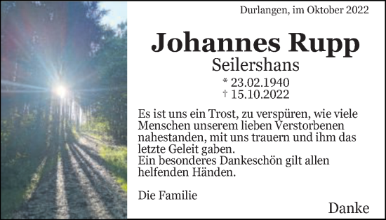 Traueranzeige von Johannes Rupp von Gmünder Tagespost