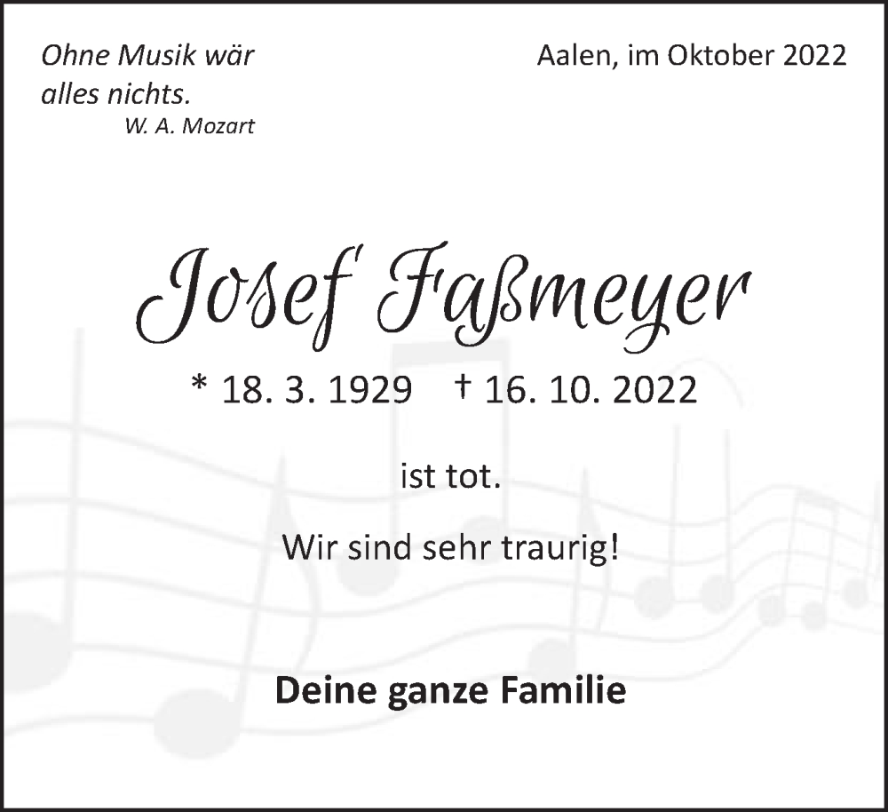  Traueranzeige für Josef Faßmeyer vom 20.10.2022 aus Schwäbische Post