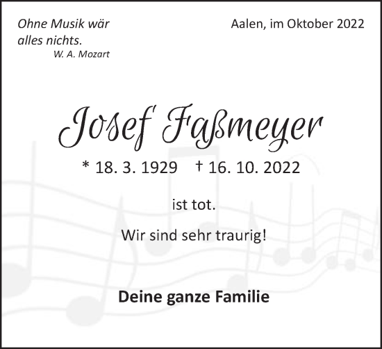 Traueranzeige von Josef Faßmeyer von Schwäbische Post