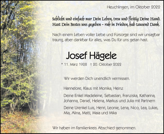 Traueranzeige von Josef Hägele von Gmünder Tagespost