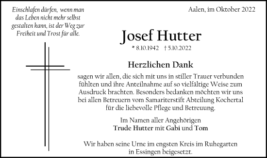 Traueranzeige von Josef Hutter von Schwäbische Post
